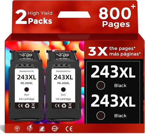 خرطوشة حبر سوداء متوافقة 243XL بديلة لـ Canon PG-243 XL PG243 (عبوة من قطعتين) تعمل مع Canon MX490 MX492 MG2522 TR4520 TS3322 TS202 TS3322 TS3122 iP2820 MG2420 MG2922 MG3020 TR4522 TS3120 in Kuwait