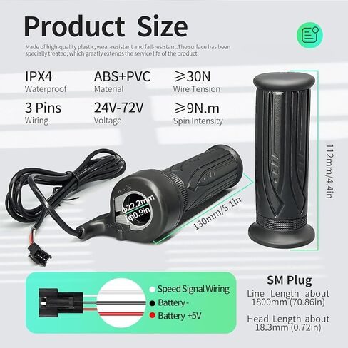LingKing Electric Bike Full Twist Throttle Right Handle Throttle 24V 36V 48V 60V 72V with 3 pin Connector for EBike or Folding Electric Scooter (20X-Full-SM) in Saudi Arabia