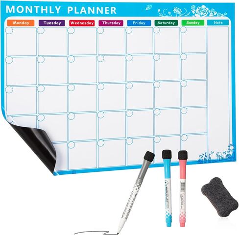 Magnetic Calendar for Refrigerator, 17×12" Fridge Calendar Whiteboard Calendar with Markers and Eraser, Monthly Dry Erase Family Planner with Side Notes for Lists, To-Do Tasks Monday Start in Kuwait
