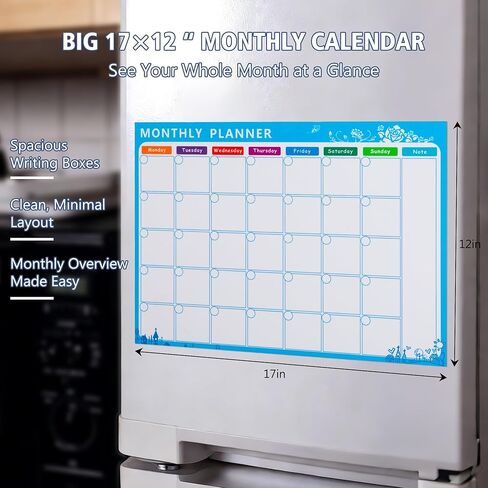 Magnetic Calendar for Refrigerator, 17×12" Fridge Calendar Whiteboard Calendar with Markers and Eraser, Monthly Dry Erase Family Planner with Side Notes for Lists, To-Do Tasks Monday Start in Kuwait