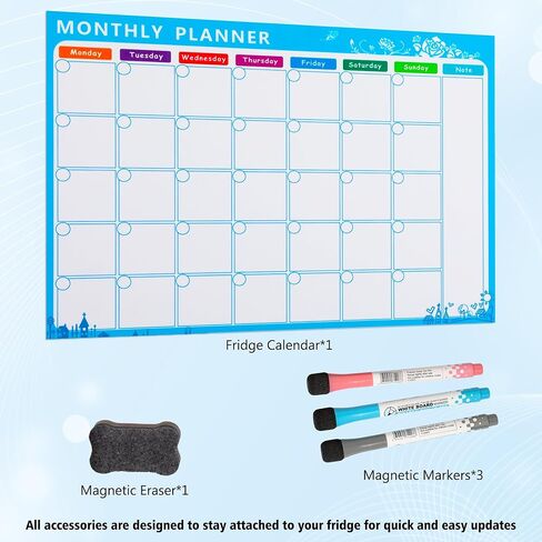 Magnetic Calendar for Refrigerator, 17×12" Fridge Calendar Whiteboard Calendar with Markers and Eraser, Monthly Dry Erase Family Planner with Side Notes for Lists, To-Do Tasks Monday Start in Kuwait