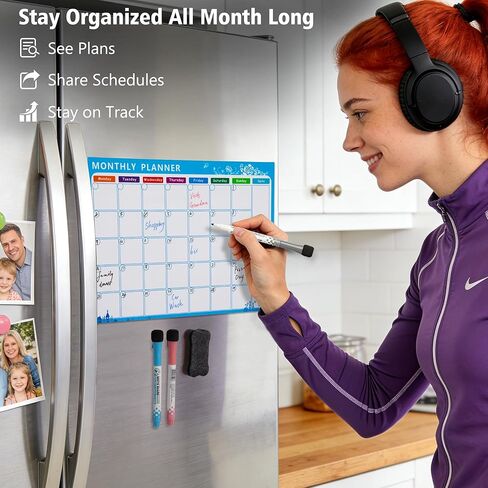 Magnetic Calendar for Refrigerator, 17×12" Fridge Calendar Whiteboard Calendar with Markers and Eraser, Monthly Dry Erase Family Planner with Side Notes for Lists, To-Do Tasks Monday Start in Kuwait