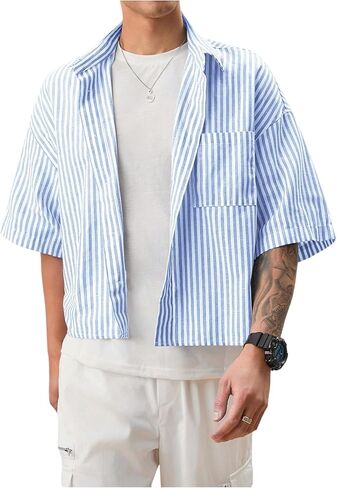 قميص GORGLITTER رجالي مخطط بوكسي مقصوص وجيب مرقع وأزرار وأكمام قصيرة وفضفاضة مقصوصة in Kuwait