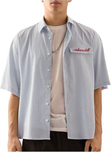 GORGLITTER Men's Striped Boxy Copped Shirt Pocket Patched Button Up Short Sleeve Baggy Cropped Tops in Saudi Arabia