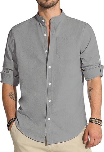 Men's Cotton Linen Shirts Long Sleeve Button Down Shirt Band Collar Beach Summer Casual Shirts in Kuwait