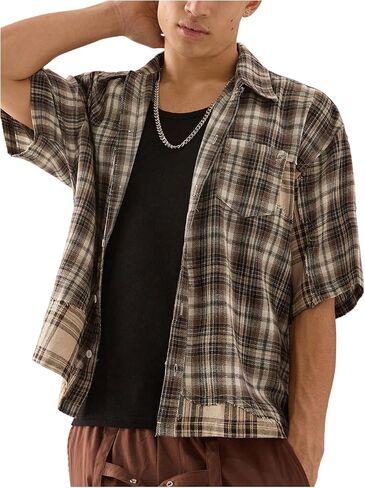 GORGLITTER Men's Striped Boxy Copped Shirt Pocket Patched Button Up Short Sleeve Baggy Cropped Tops in Saudi Arabia
