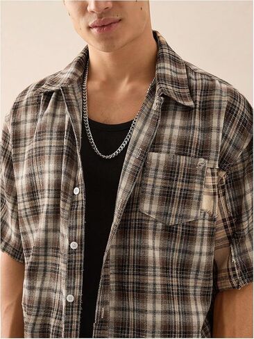 GORGLITTER Men's Striped Boxy Copped Shirt Pocket Patched Button Up Short Sleeve Baggy Cropped Tops in Saudi Arabia