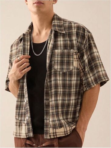 GORGLITTER Men's Striped Boxy Copped Shirt Pocket Patched Button Up Short Sleeve Baggy Cropped Tops in Saudi Arabia