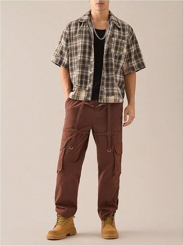 GORGLITTER Men's Striped Boxy Copped Shirt Pocket Patched Button Up Short Sleeve Baggy Cropped Tops in Saudi Arabia