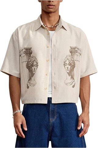 GORGLITTER Men's Striped Boxy Copped Shirt Pocket Patched Button Up Short Sleeve Baggy Cropped Tops in Saudi Arabia