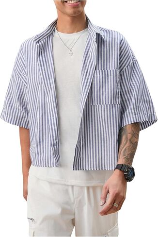 GORGLITTER Men's Striped Boxy Copped Shirt Pocket Patched Button Up Short Sleeve Baggy Cropped Tops in Saudi Arabia