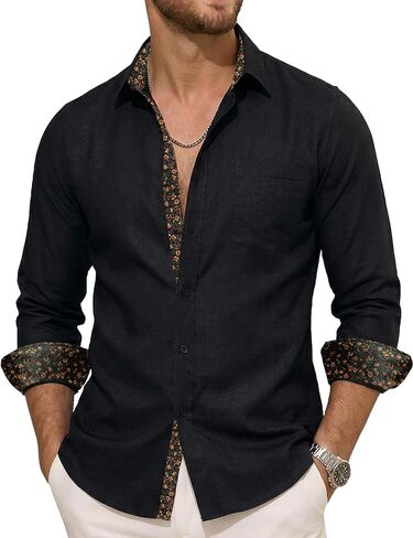 Barry.Wang Mens Linen Shirts Textured Contrast Long Sleeve Cotton Casual Button Down Shirt Summer Beach Wedding Pocket in Saudi Arabia