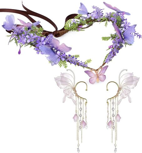 MOSTORY Butterfly Fairy Accessories Set - Woodland Flower Elf Crown Elf Ear Cuffs Kit for Women Renaissance Fantasy Cosplay in Saudi Arabia