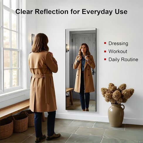 brisafe NanoMirror بدون حفر، مرآة حائط كاملة الطول قابلة للتقشير واللصق مع إطار، مرآة رياضية منزلية ذاتية اللصق لغرفة نوم غرفة الرقص واليوجا، والخزانة والباب، 63 بوصة × 24 بوصة in Kuwait