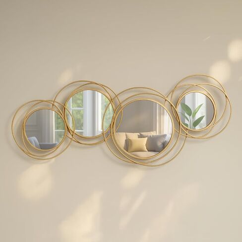 مرآة ذهبية غير منتظمة - مرآة دائرية معدنية مزخرفة كبيرة، معلقة أفقيًا أو رأسيًا، مقاس 43.3 × 17.3 بوصة، تصميم هندسي متعدد الدوائر in Kuwait