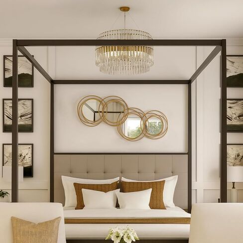 مرآة ذهبية غير منتظمة - مرآة دائرية معدنية مزخرفة كبيرة، معلقة أفقيًا أو رأسيًا، مقاس 43.3 × 17.3 بوصة، تصميم هندسي متعدد الدوائر in Kuwait