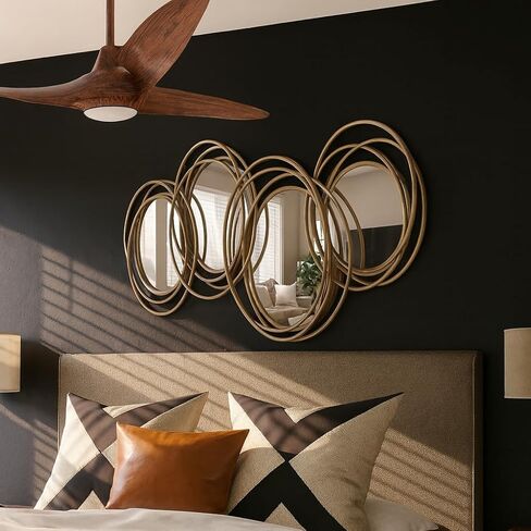 مرآة ذهبية غير منتظمة - مرآة دائرية معدنية مزخرفة كبيرة، معلقة أفقيًا أو رأسيًا، مقاس 43.3 × 17.3 بوصة، تصميم هندسي متعدد الدوائر in Kuwait