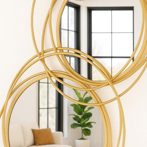 مرآة ذهبية غير منتظمة - مرآة دائرية معدنية مزخرفة كبيرة، معلقة أفقيًا أو رأسيًا، مقاس 43.3 × 17.3 بوصة، تصميم هندسي متعدد الدوائر in Kuwait