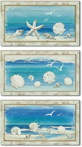 Putuo Decor Coastal Sea Turtle Starfish Shell Wall Decor Set of 3, Nautical Ocean Theme Bathroom Bedroom Living Room Decor, Rustic Beach-Style Coastal Artwork for Home in Saudi Arabia