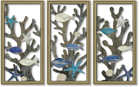 Putuo Decor Coastal Sea Turtle Starfish Shell Wall Decor Set of 3, Nautical Ocean Theme Bathroom Bedroom Living Room Decor, Rustic Beach-Style Coastal Artwork for Home in Saudi Arabia