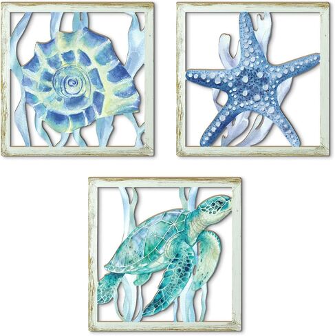 Putuo Decor Coastal Sea Turtle Starfish Shell Wall Decor Set of 3, Nautical Ocean Theme Bathroom Bedroom Living Room Decor, Rustic Beach-Style Coastal Artwork for Home in Saudi Arabia