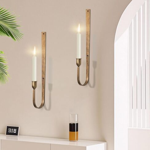 Wall Candle Holder Set of 2 - Golden Metal Wall Sconces, Rust-Resistant Wall Mount Candle Holders for Living Room, Fireplace, Wedding Decor, Modern Farmhouse Wall Decor with Installation Hardware in Kuwait