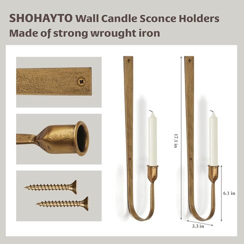 Wall Candle Holder Set of 2 - Golden Metal Wall Sconces, Rust-Resistant Wall Mount Candle Holders for Living Room, Fireplace, Wedding Decor, Modern Farmhouse Wall Decor with Installation Hardware in Kuwait