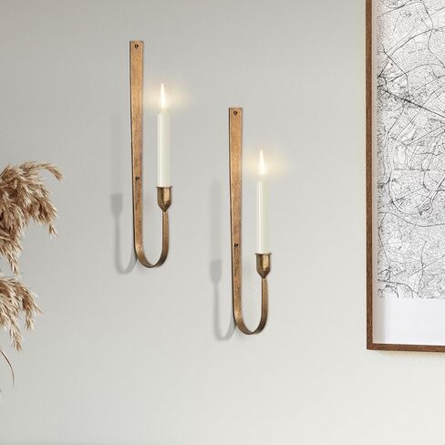Wall Candle Holder Set of 2 - Golden Metal Wall Sconces, Rust-Resistant Wall Mount Candle Holders for Living Room, Fireplace, Wedding Decor, Modern Farmhouse Wall Decor with Installation Hardware in Kuwait
