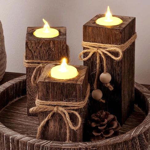 حاملات الشموع الخشبية الريفية من MelonBoat: حاملات شموع المزرعة مع شموع تعمل بالبطارية، ديكور مزرعة ريفي، شموع LED عديمة اللهب 3 عبوات لديكور المنزل في غرفة المعيشة وحفلات العطلات in Kuwait