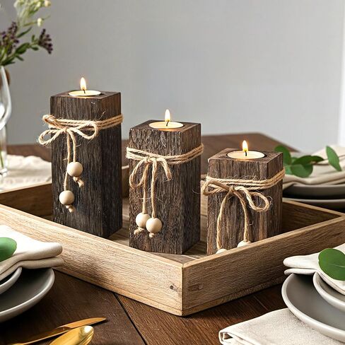 حاملات الشموع الخشبية الريفية من MelonBoat: حاملات شموع المزرعة مع شموع تعمل بالبطارية، ديكور مزرعة ريفي، شموع LED عديمة اللهب 3 عبوات لديكور المنزل في غرفة المعيشة وحفلات العطلات in Kuwait