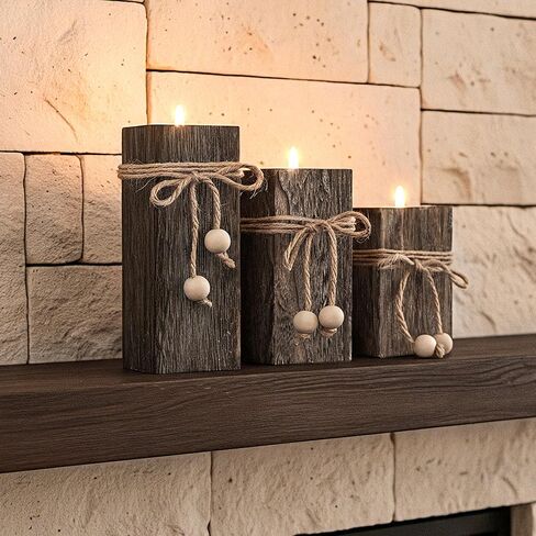 حاملات الشموع الخشبية الريفية من MelonBoat: حاملات شموع المزرعة مع شموع تعمل بالبطارية، ديكور مزرعة ريفي، شموع LED عديمة اللهب 3 عبوات لديكور المنزل في غرفة المعيشة وحفلات العطلات in Kuwait