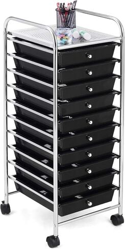 BETTARY Office Rolling Storage Cart with 10 Drawer, Scrapbook Paper Office School Organizer with Lockable Casters, Multipurpose Mobile Storage Cart for Supermarket, School, Office, Home (Black) in Saudi Arabia