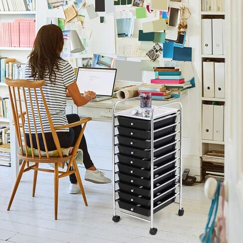 BETTARY Office Rolling Storage Cart with 10 Drawer, Scrapbook Paper Office School Organizer with Lockable Casters, Multipurpose Mobile Storage Cart for Supermarket, School, Office, Home (Black) in Saudi Arabia