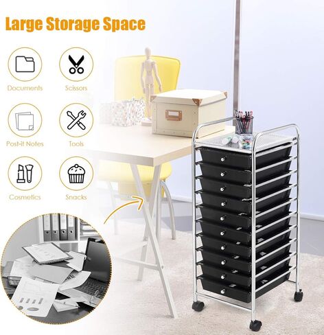 BETTARY Office Rolling Storage Cart with 10 Drawer, Scrapbook Paper Office School Organizer with Lockable Casters, Multipurpose Mobile Storage Cart for Supermarket, School, Office, Home (Black) in Saudi Arabia