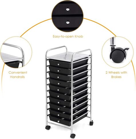 BETTARY Office Rolling Storage Cart with 10 Drawer, Scrapbook Paper Office School Organizer with Lockable Casters, Multipurpose Mobile Storage Cart for Supermarket, School, Office, Home (Black) in Saudi Arabia