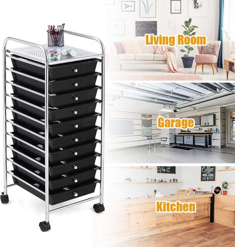 BETTARY Office Rolling Storage Cart with 10 Drawer, Scrapbook Paper Office School Organizer with Lockable Casters, Multipurpose Mobile Storage Cart for Supermarket, School, Office, Home (Black) in Saudi Arabia