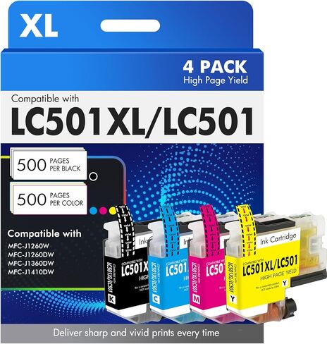 خراطيش حبر LC501 LC501XL MFC-J1360DW لطابعة Brother Work Smart 1360 MFC-J1260W MFC-J1260DW MFC-J1410DW MFC J1360DW J1260W J1260DW J1410DW سلسلة طابعات (4 عبوات أسود سماوي أرجواني أصفر) in Saudi Arabia