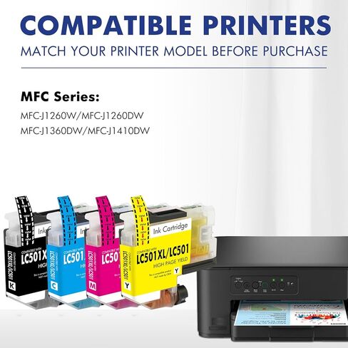 خراطيش حبر LC501 LC501XL MFC-J1360DW لطابعة Brother Work Smart 1360 MFC-J1260W MFC-J1260DW MFC-J1410DW MFC J1360DW J1260W J1260DW J1410DW سلسلة طابعات (4 عبوات أسود سماوي أرجواني أصفر) in Saudi Arabia