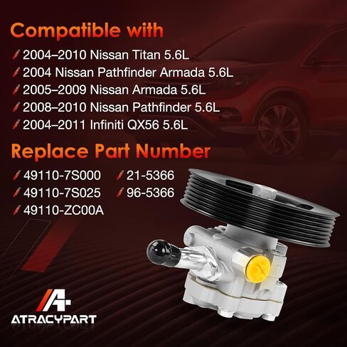 Power Steering Pump, with Pulley, Compatible with 2004-2011 Nissan Titan/Armada/Pathfinder and Infiniti QX56, Only Fits 5.6L V8 engines, Replace #21-5366, 49110-7S000, 990-0741, 5898 in Saudi Arabia