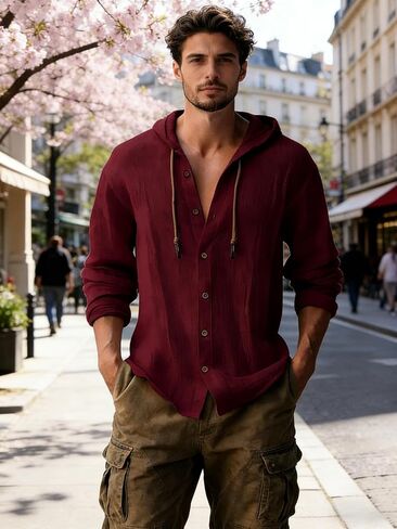 Men's Casual Button Down Hoodie, Long Sleeve Drawstring Sweatshirt with Hood in Saudi Arabia