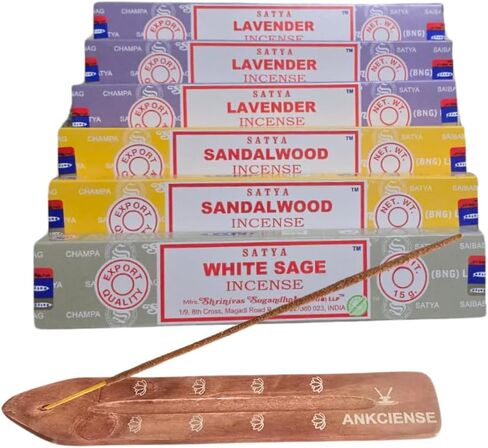 Satya Lavender, Sandalwood & White Sage with ANKCIENSE Incense Holder Pack of 3 fragrances Variety Pack of 90 Sticks Insense Insence in Kuwait
