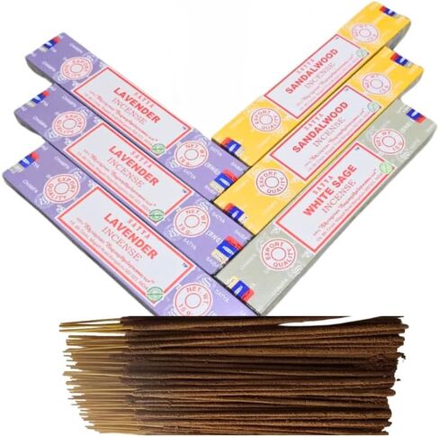 Satya Lavender, Sandalwood & White Sage with ANKCIENSE Incense Holder Pack of 3 fragrances Variety Pack of 90 Sticks Insense Insence in Kuwait