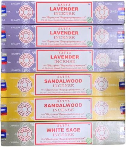 Satya Lavender, Sandalwood & White Sage with ANKCIENSE Incense Holder Pack of 3 fragrances Variety Pack of 90 Sticks Insense Insence in Kuwait