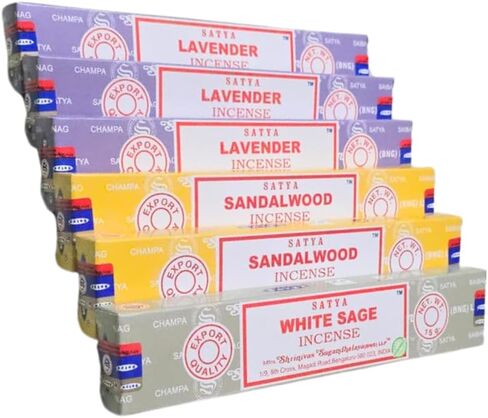 Satya Lavender, Sandalwood & White Sage with ANKCIENSE Incense Holder Pack of 3 fragrances Variety Pack of 90 Sticks Insense Insence in Kuwait
