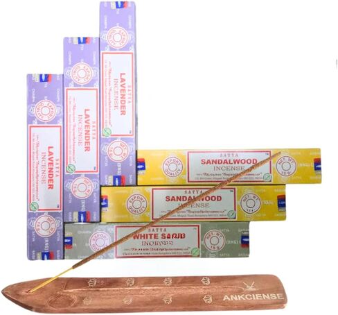 Satya Lavender, Sandalwood & White Sage with ANKCIENSE Incense Holder Pack of 3 fragrances Variety Pack of 90 Sticks Insense Insence in Kuwait