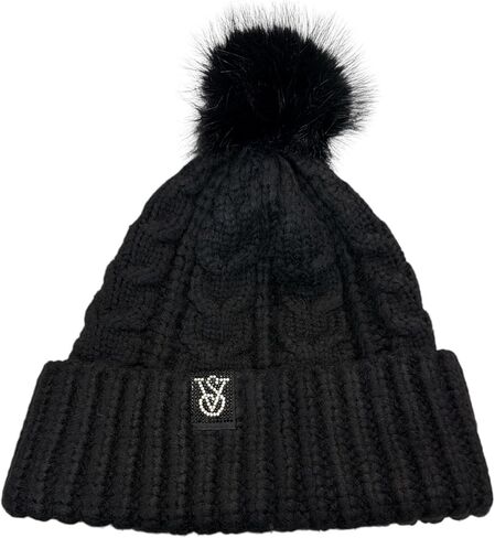 Victoria's Secret Cozy Cable-Knit Pom Beanie Shine Color Black Rhinestone Logo New in Saudi Arabia
