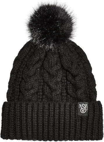 Victoria's Secret Cozy Cable-Knit Pom Beanie Shine Color Black Rhinestone Logo New in Saudi Arabia