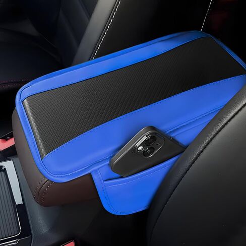 Car Center Console Cover, 12.48"×7.4" Carbon Fiber Leather Auto Armrest Cover, Vehicle Armrest Cushion Pad with Storage Pocket, Universal Arm Rest Protector Car Accessories (Blue) in Saudi Arabia
