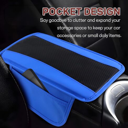 Car Center Console Cover, 12.48"×7.4" Carbon Fiber Leather Auto Armrest Cover, Vehicle Armrest Cushion Pad with Storage Pocket, Universal Arm Rest Protector Car Accessories (Blue) in Saudi Arabia