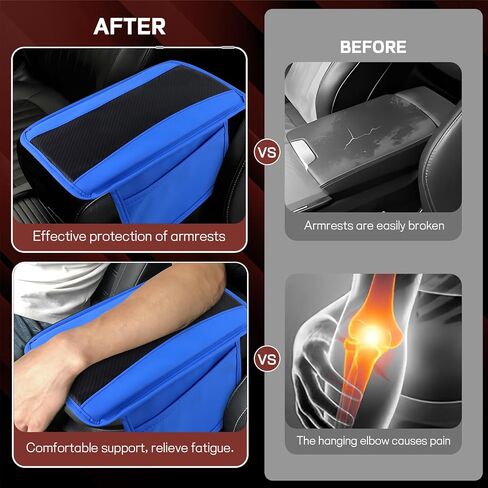 Car Center Console Cover, 12.48"×7.4" Carbon Fiber Leather Auto Armrest Cover, Vehicle Armrest Cushion Pad with Storage Pocket, Universal Arm Rest Protector Car Accessories (Blue) in Saudi Arabia